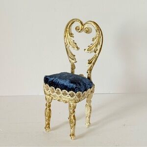 Miniature Rococo Style Dollhouse Chair with Gilt Frame & Blue Velvet Seat